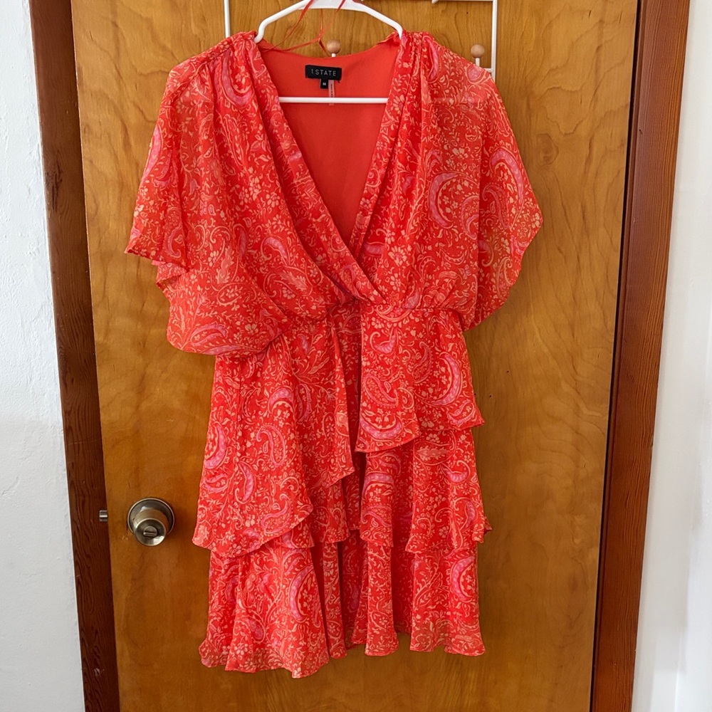1.State Coral Paisley Ruffle Wrap Mini Dress